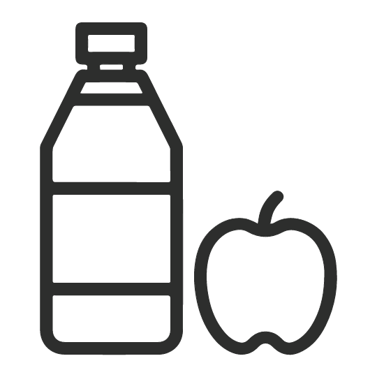 Black outline illustration of a bottle and an apple. The bottle is tall and capped, while the apple is round with a visible stem. Both are depicted in a simple, minimalistic style.