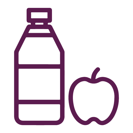 Icon of a bottle and an apple in purple on a transparent background.