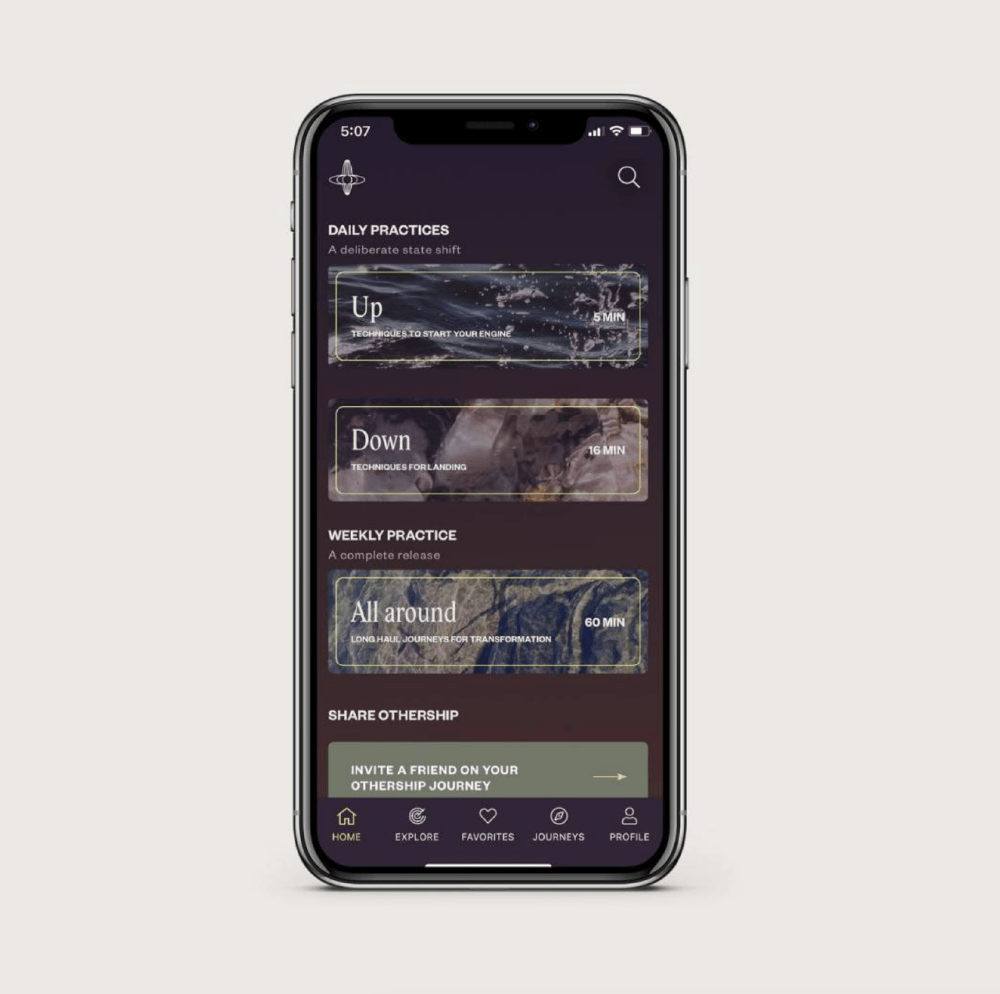 The Free Gift with Subscription - Othership Breathwork App by Blume offers guided Up, Down, and All around sessions with specified durations. Its dark-themed, earthy interface is crafted to help regulate the nervous system effectively.
