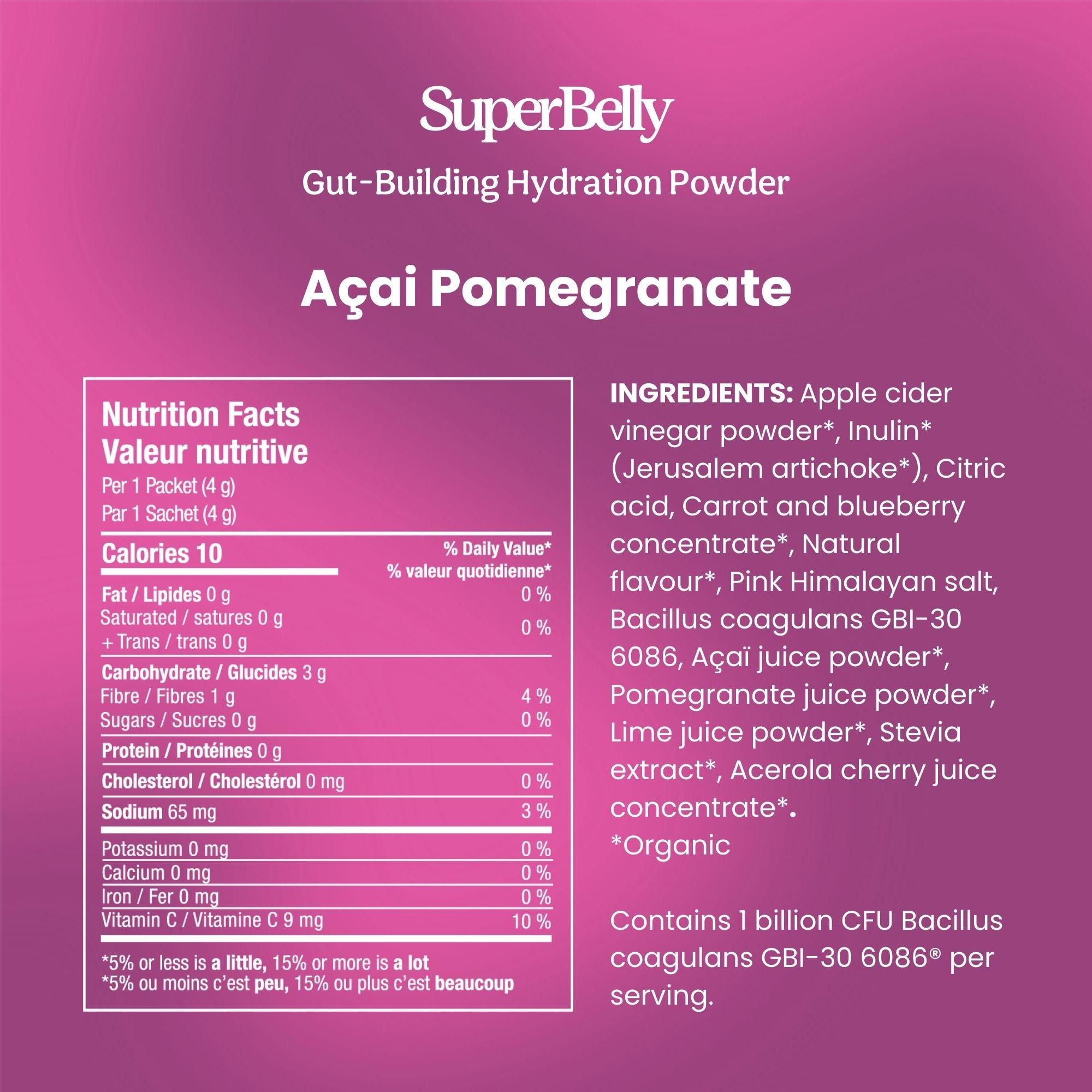Blumes SuperBelly Açai Pomegranate features vibrant purple packaging and a refreshing flavor. Enhanced with superfoods like apple cider vinegar and açaí juice powders, its packed with organic ingredients and probiotics to boost gut health.