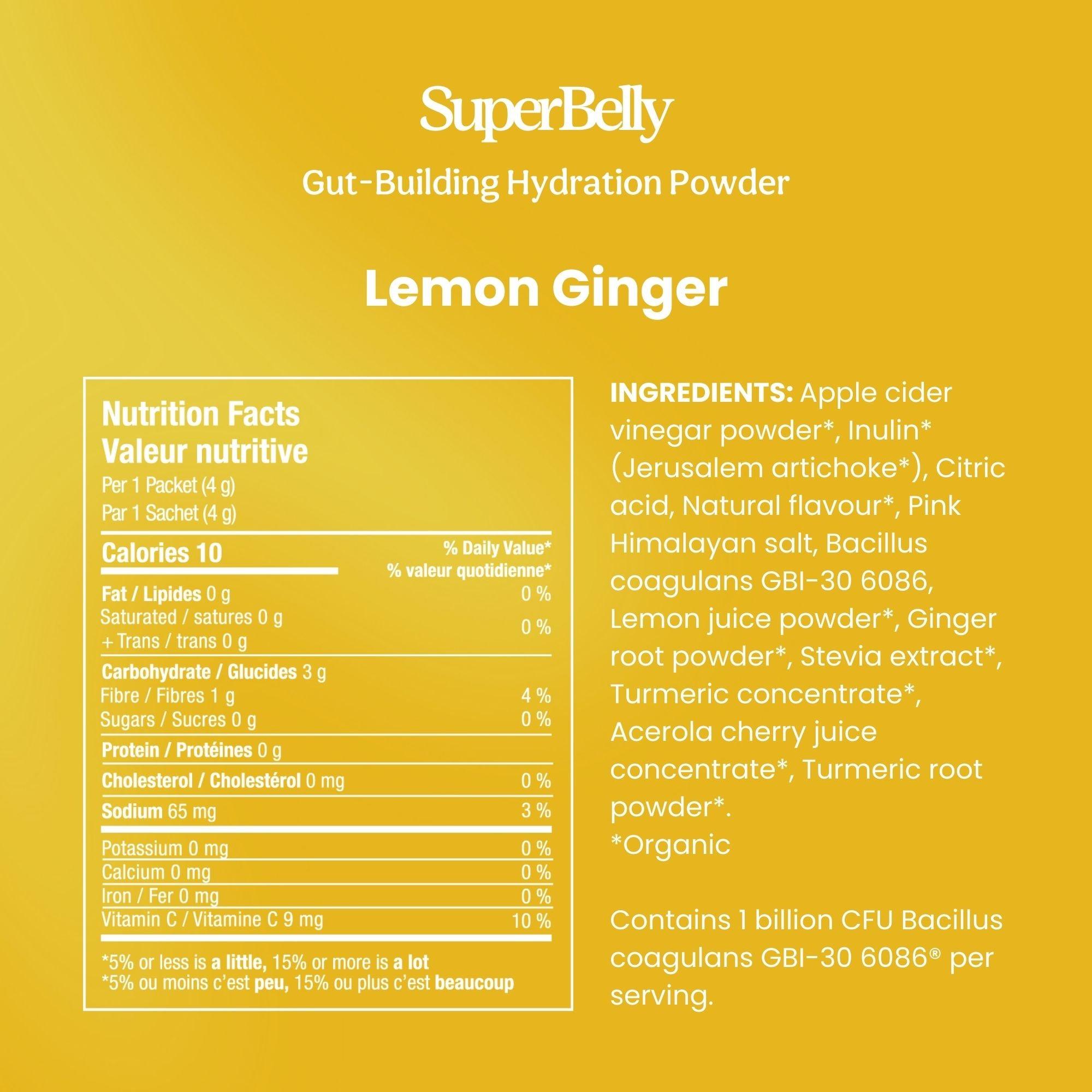 Blumes SuperBelly Lemon Ginger powder supports gut health with superfoods like apple cider vinegar and ginger root. Packed with probiotics, it provides one billion CFU of Bacillus coagulans to enhance digestive wellness.