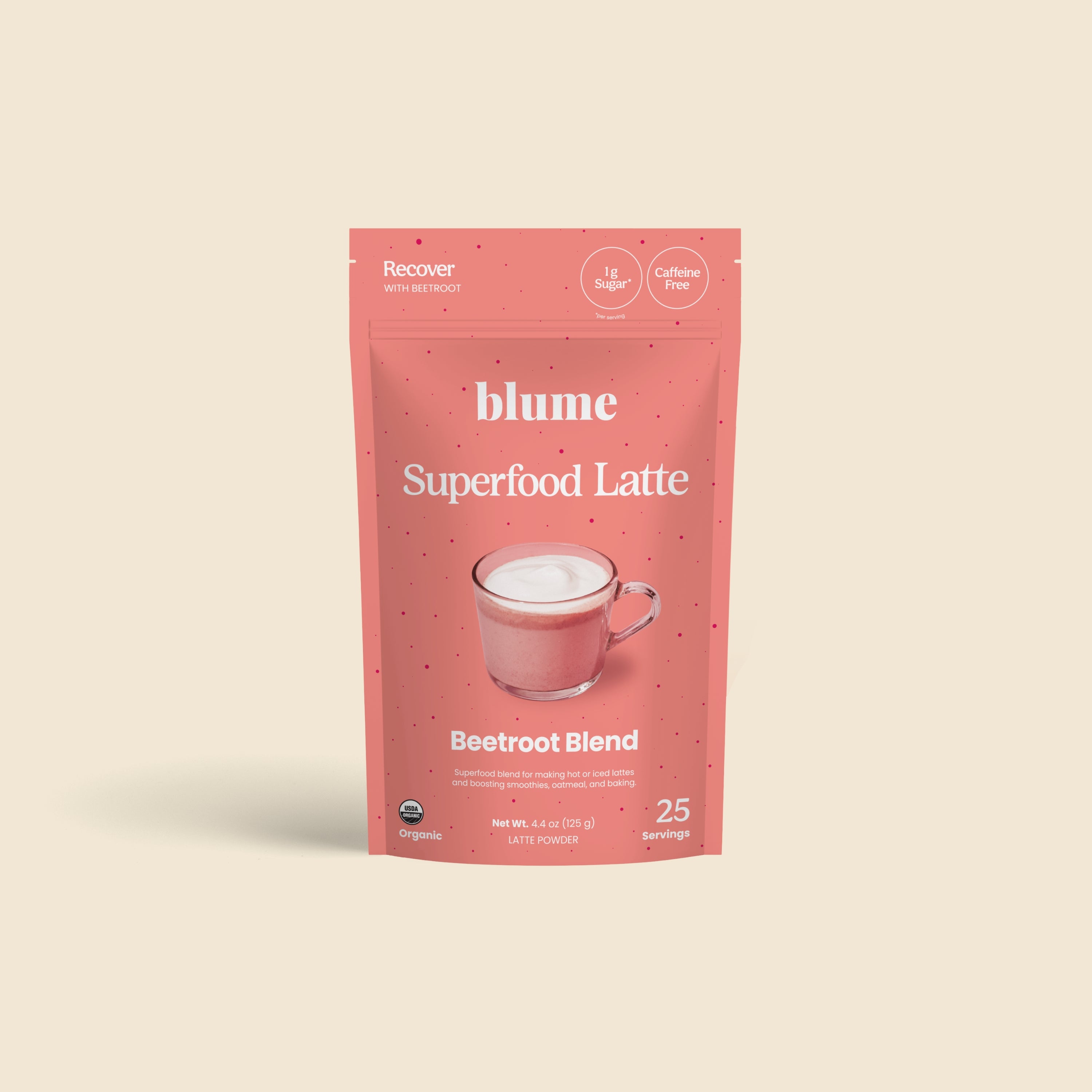 A pink Blume Beetroot Blend package with a beetroot latte mug on the front features 1 tsp per serving, caffeine-free boost, organic ingredients, and 25 servings against a soft cream-colored background.