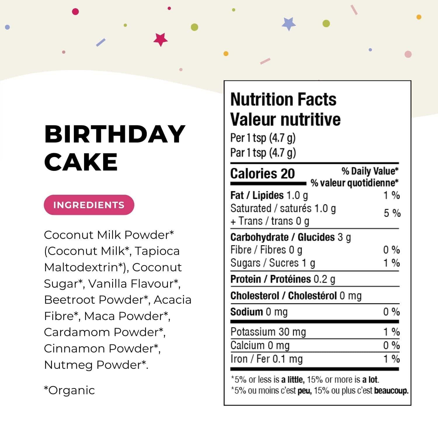 Blumes Birthday Cake Latte Blend features organic ingredients like coconut milk powder, sugar, and vanilla flavor with nutritional facts of 20 calories per teaspoon. Perfect for a festive treat amid colorful stars and dots.