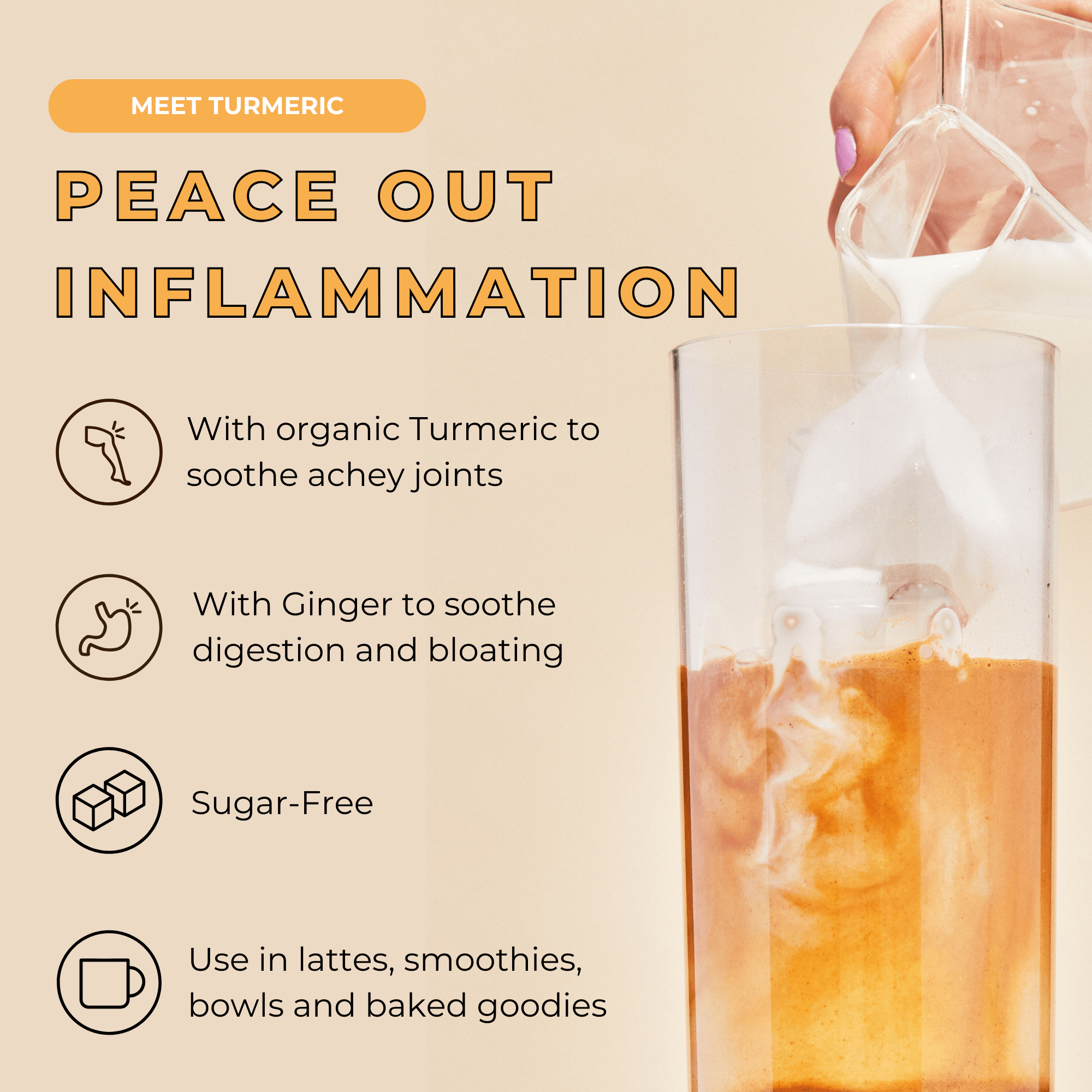 A tall glass fills with a white liquid as text highlights Blumes Caffeine-Free OGs, boasting turmeric for soothing joints, ginger for digestion relief, and an antioxidant-rich blend—all sugar-free. Icons illustrate these benefits.