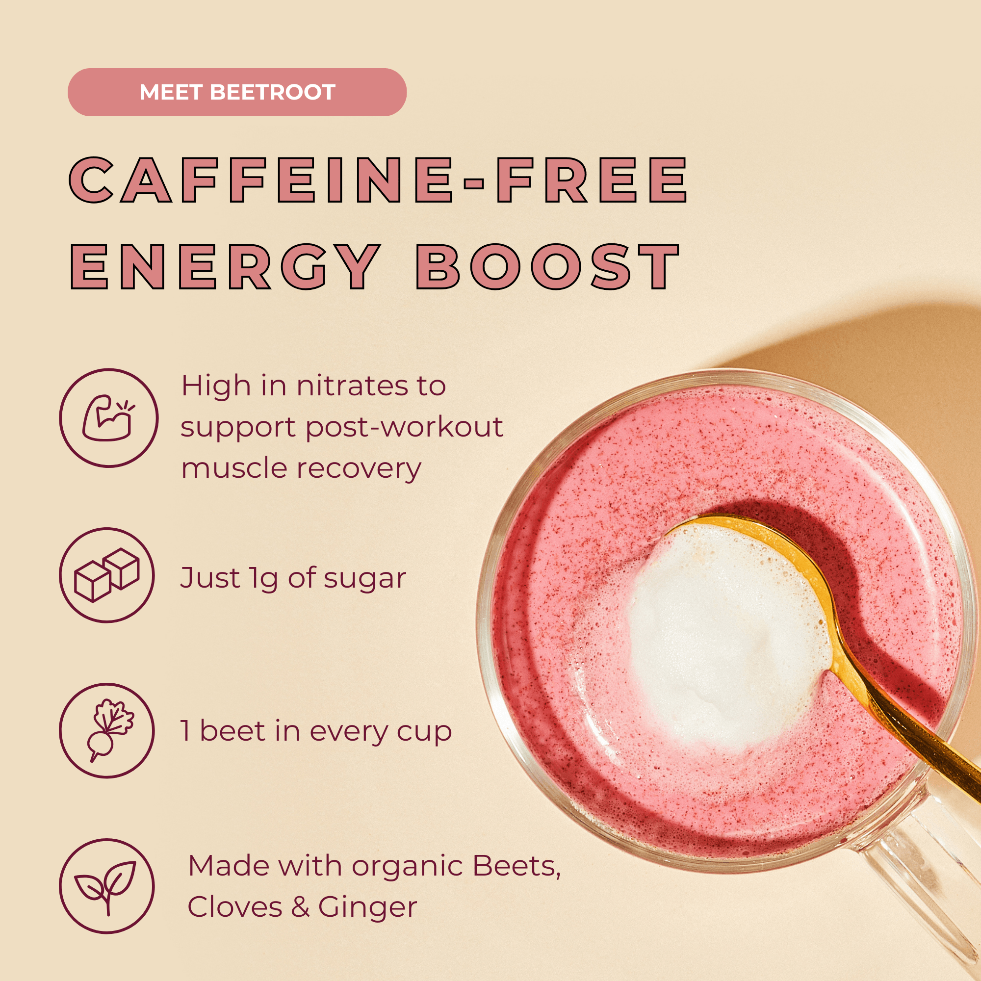 The Caffeine-Free OGs by Blume is a pink beetroot latte featuring a spoon in a cup. It offers caffeine-free energy, high nitrates, and an antioxidant-rich blend with just 1g of sugar. Each cup contains 1 beet and is made from organic superfoods like beets, cloves, and ginger.