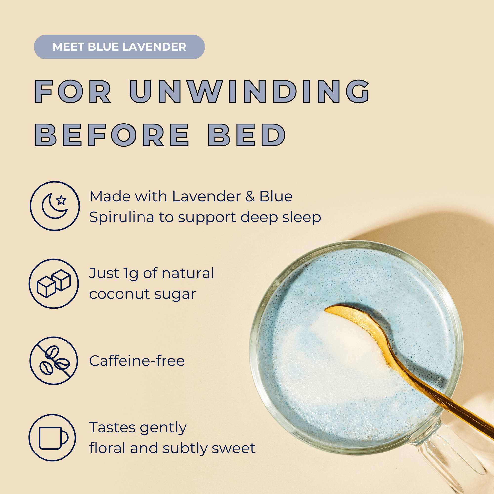 A promotional image for Blumes Caffeine-Free OGs highlights its antioxidant-rich blend: supports deep sleep, contains 1g of natural coconut sugar, is caffeine-free, and has a gently floral, subtly sweet taste. With a cup on the right, it offers a sip of serenity.