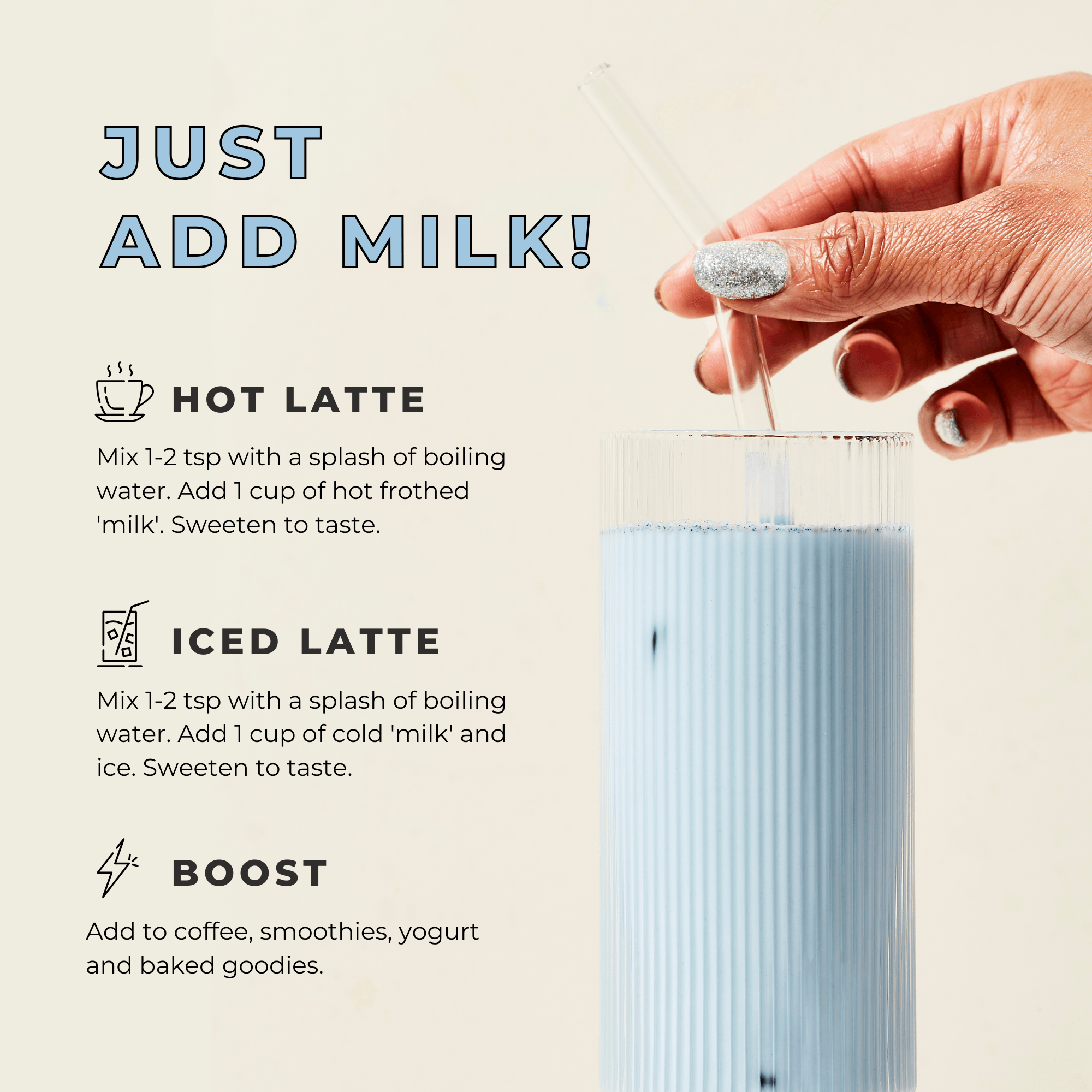 A hand stirs a blue drink in a tall glass with a straw. Text reads: Just Add Milk! Explore recipes for hot and iced lattes with Blumes antioxidant-rich Caffeine-Free OGs blend and energizing boosts using milk.