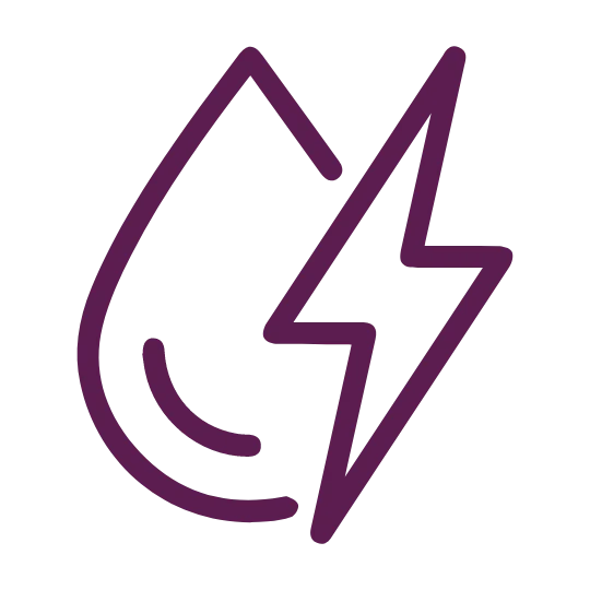 A purple line art icon depicting a flame shape intertwined with a lightning bolt.