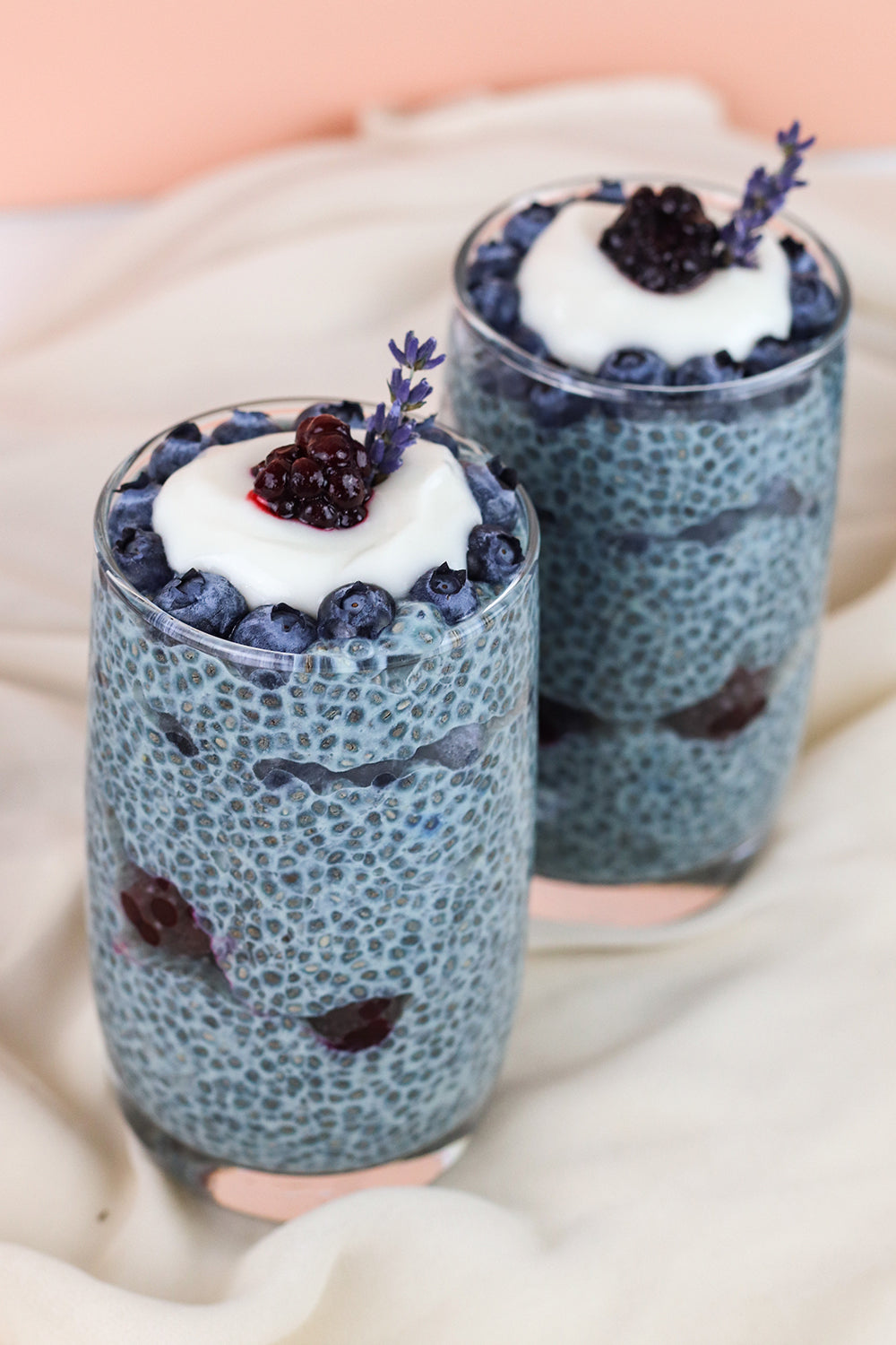 Chia Pudding made with Blume Blue Lavender Blend, topped with blueberries