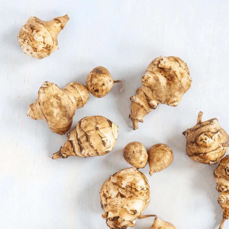 Several Jerusalem artichokes scattered on a light surface. The tubers have a rough, knobby texture and a brownish color.