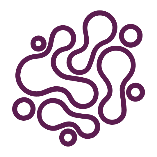 Abstract purple line art with interconnected blob-like shapes and small circles on a transparent background.