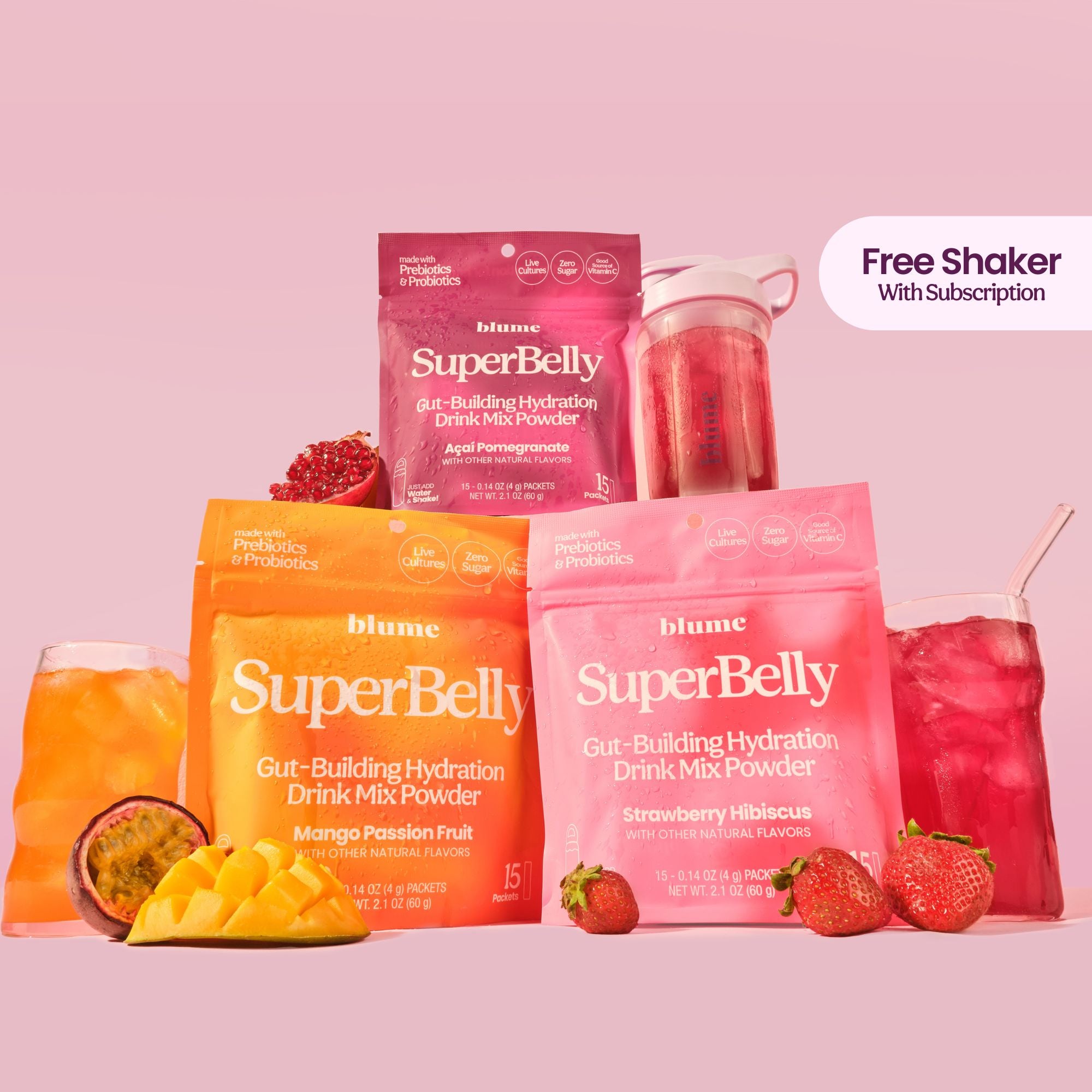 Gut Building Hydration Drink in Three Flavours Plus a Free Shaker Cup with a Subscription. Strawberry Hibiscus, Mango Passionfruit, Acai Pomegranate