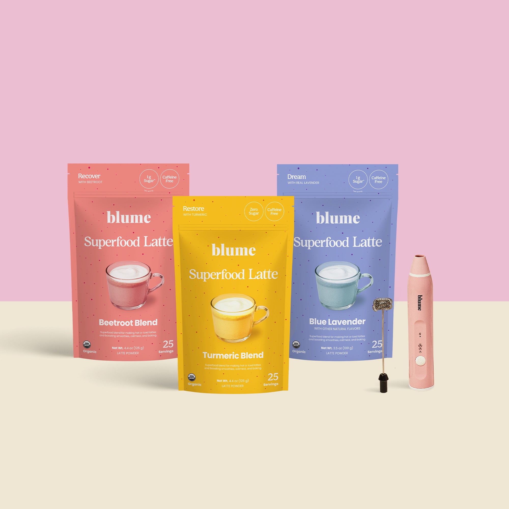 The pink and beige backdrop features three colorful Blume Caffeine-Free OGs superfood latte blends (Beetroot, Turmeric, Blue Lavender), rich in organic anti-inflammatory ingredients. Also displayed is a pink Blume frother with a whisk attachment, poised for mixing.