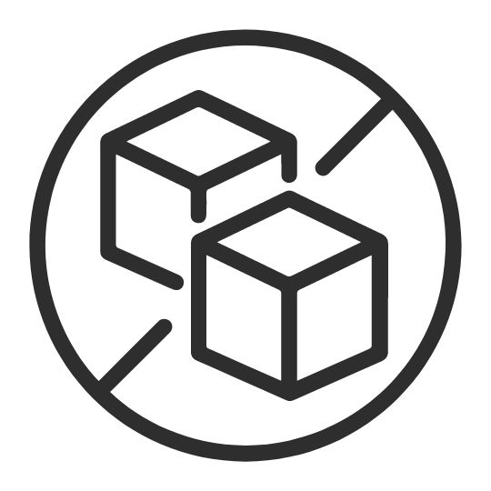 A black icon of two sugar cubes with a diagonal line through them inside a circle, symbolizing no added sugar.