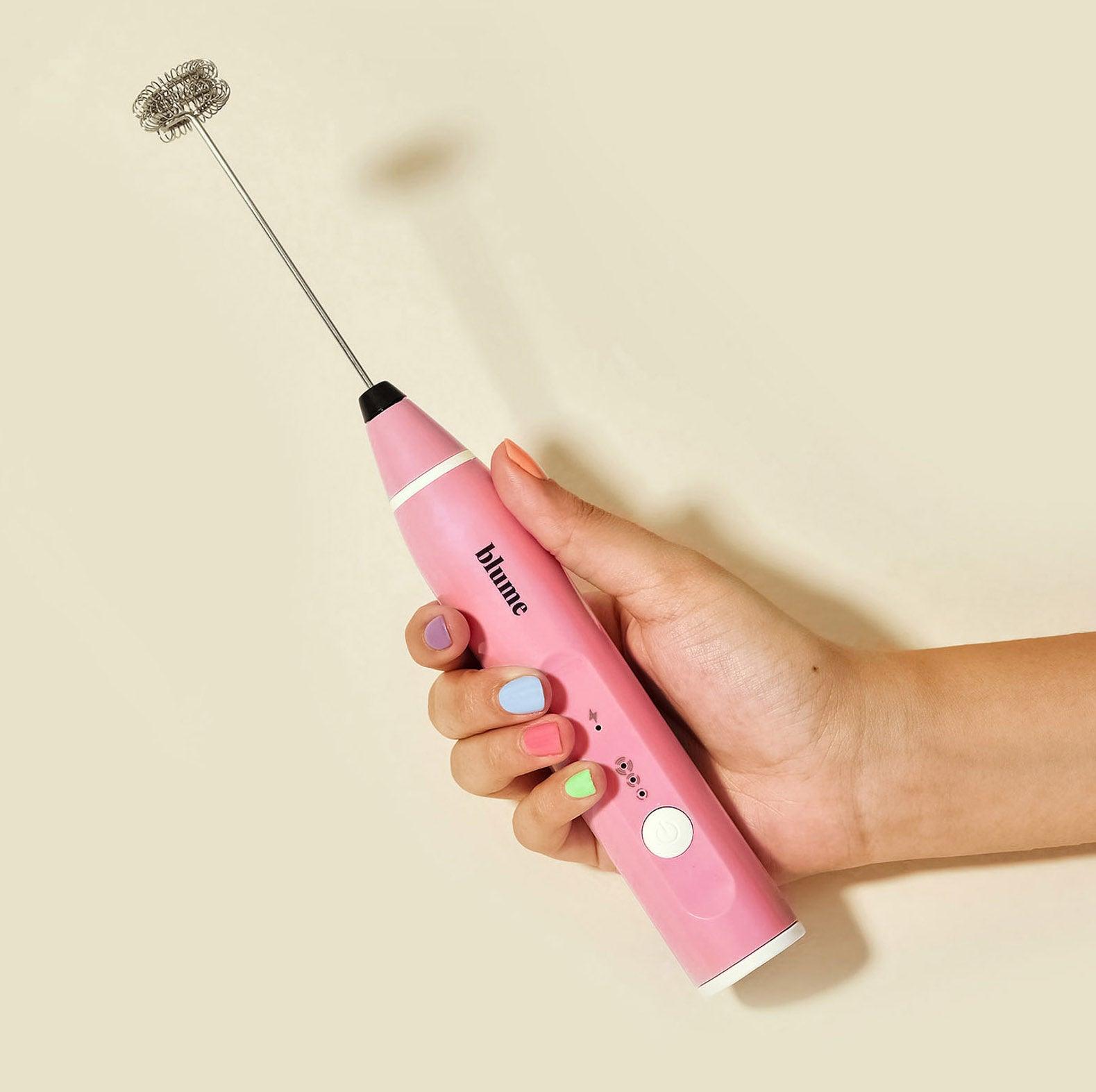 Our Blume Milk Frother in pink perfect for whisking our superfood lattes and frothing milk.