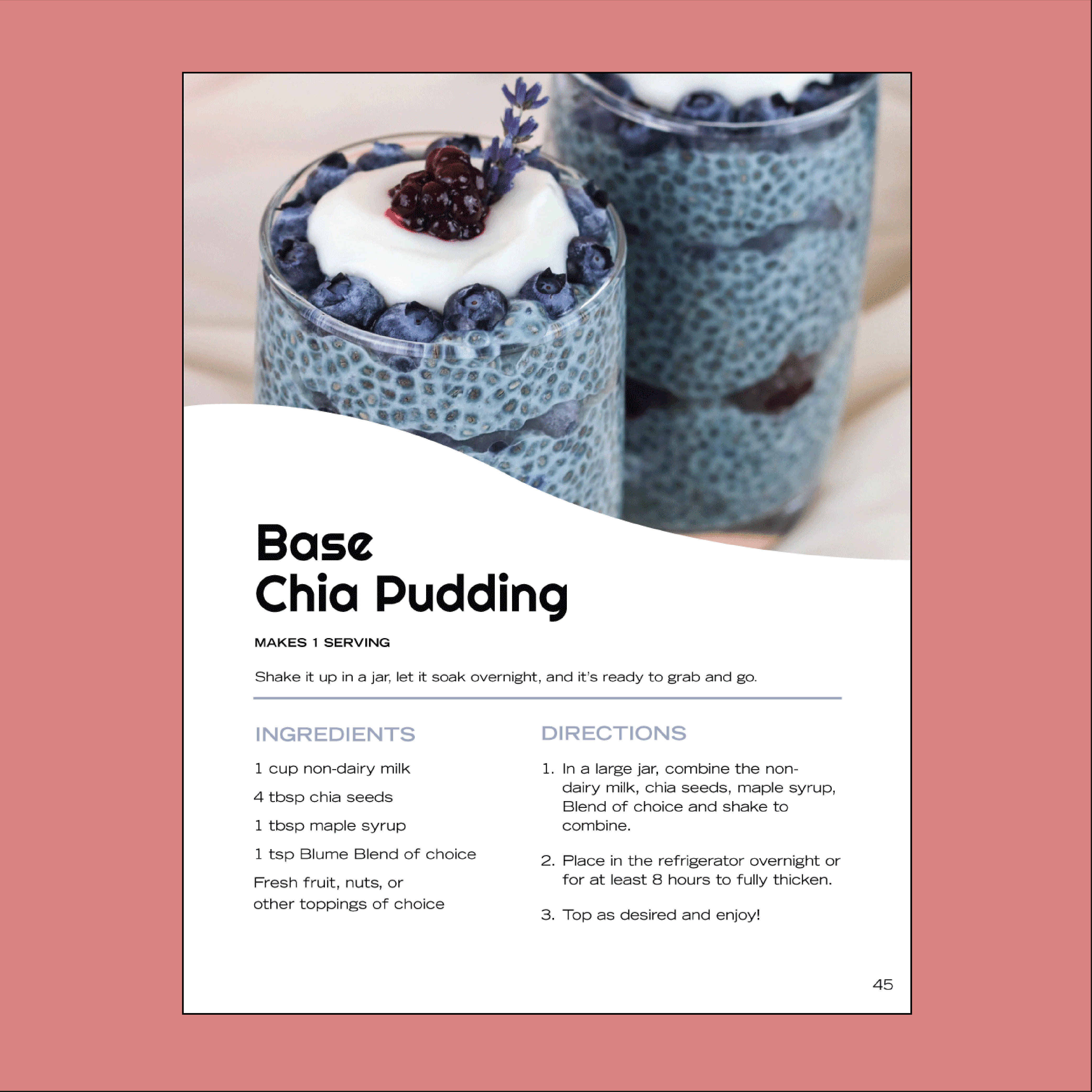 Two glass jars with creamy chia pudding topped with blueberries and yogurt, garnished with lavender, are displayed on a pink background alongside a card from Blumes Our Digital Recipe Book featuring ingredients and directions for this delightful blend.