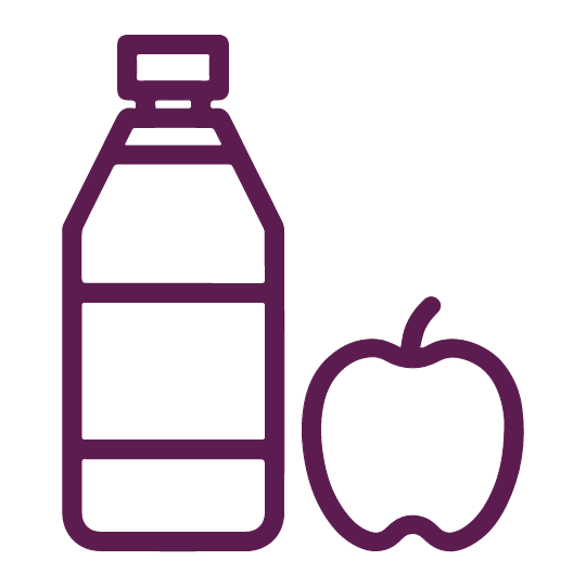 A simple line drawing of a bottle and an apple side by side, both in purple against a transparent background. The bottle features a cap and two horizontal bands.