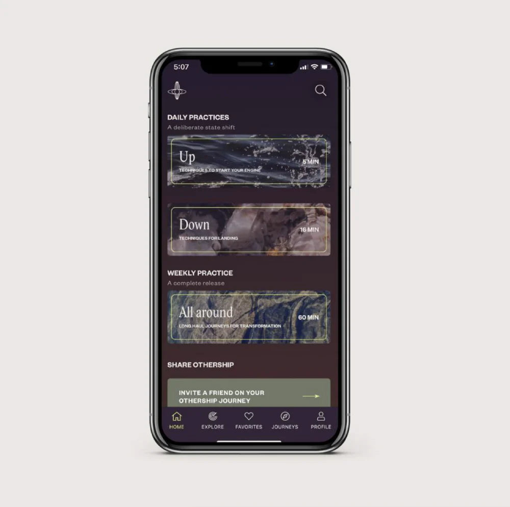Smartphone displaying a meditation app interface. It shows options for Up and Down daily practices and an All around weekly practice, along with durations. The bottom menu includes Home, Explore, Favorites, Journeys, and Profile icons.
