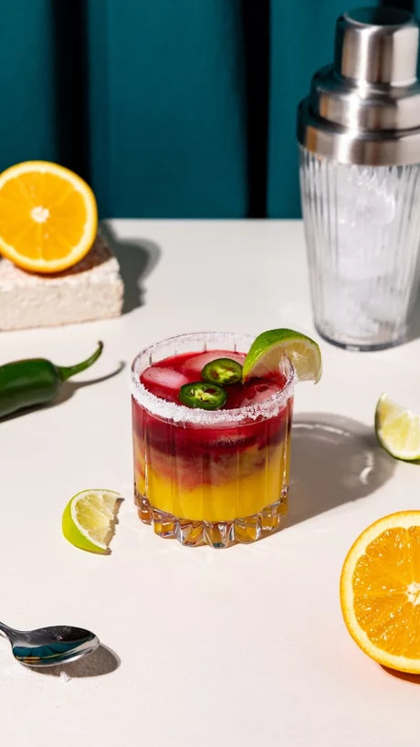 A cocktail in a glass with ice, garnished with lime, jalapeño slices, and a sugared rim. Surrounded by lime and orange slices, a spoon, a chili pepper, and a cocktail shaker in the background, all set against a white and teal backdrop.