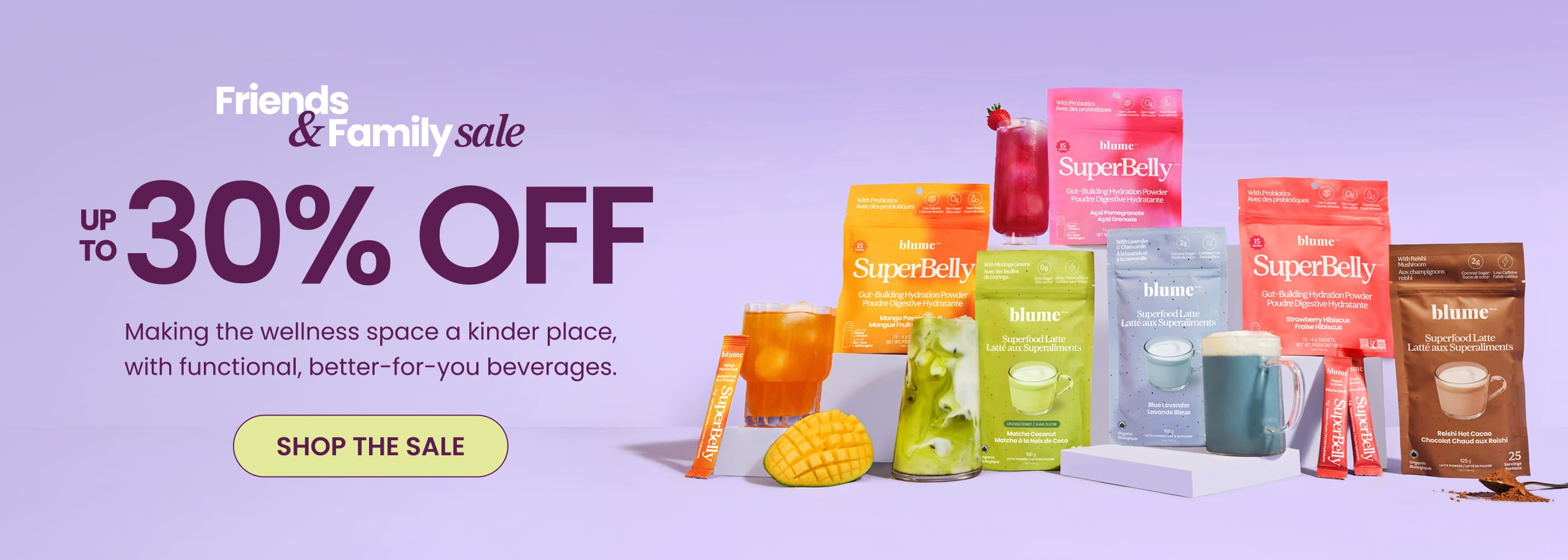 Promotional image featuring wellness beverages with up to 30% off for Friends & Family sale on gut health products.