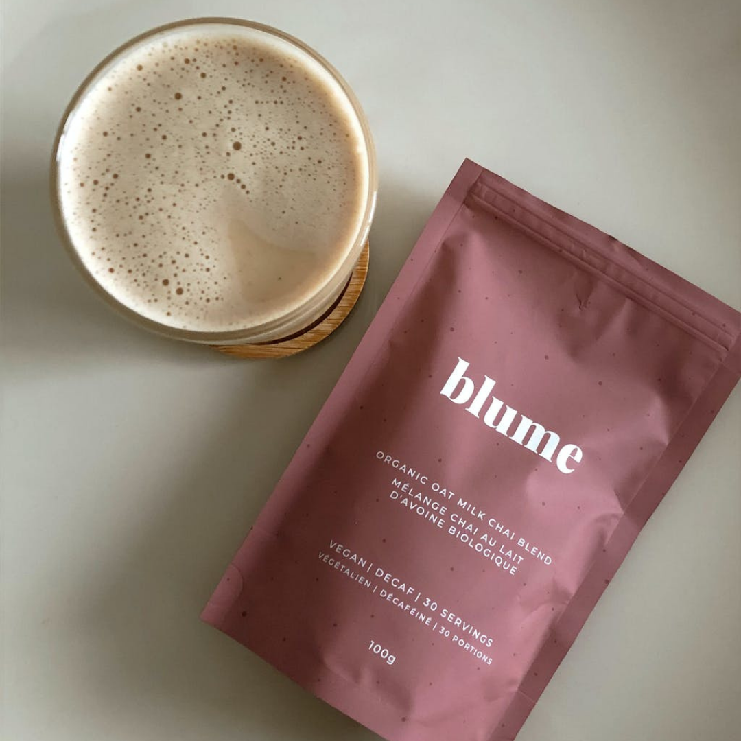 A warm chai latte made with Blume's Oat Milk Chai Blend made by @ahanemaayer