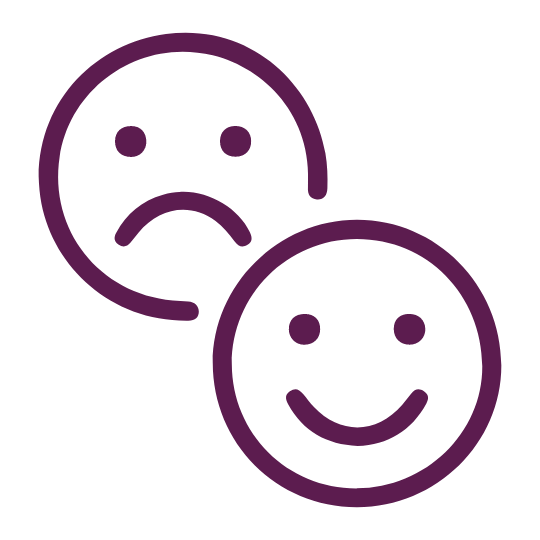 Two overlapping purple smiley faces: one frowning and one smiling.