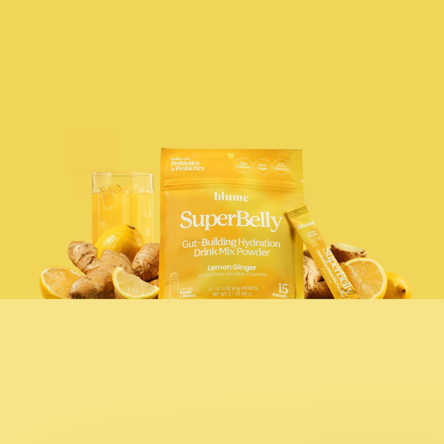 Bhume SuperBelly drink mix package with lemons and ginger on a yellow background