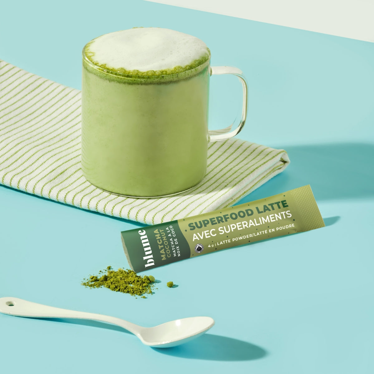 Blume Superfood Latte with a Single Serve packet of Matcha Coconut Blend