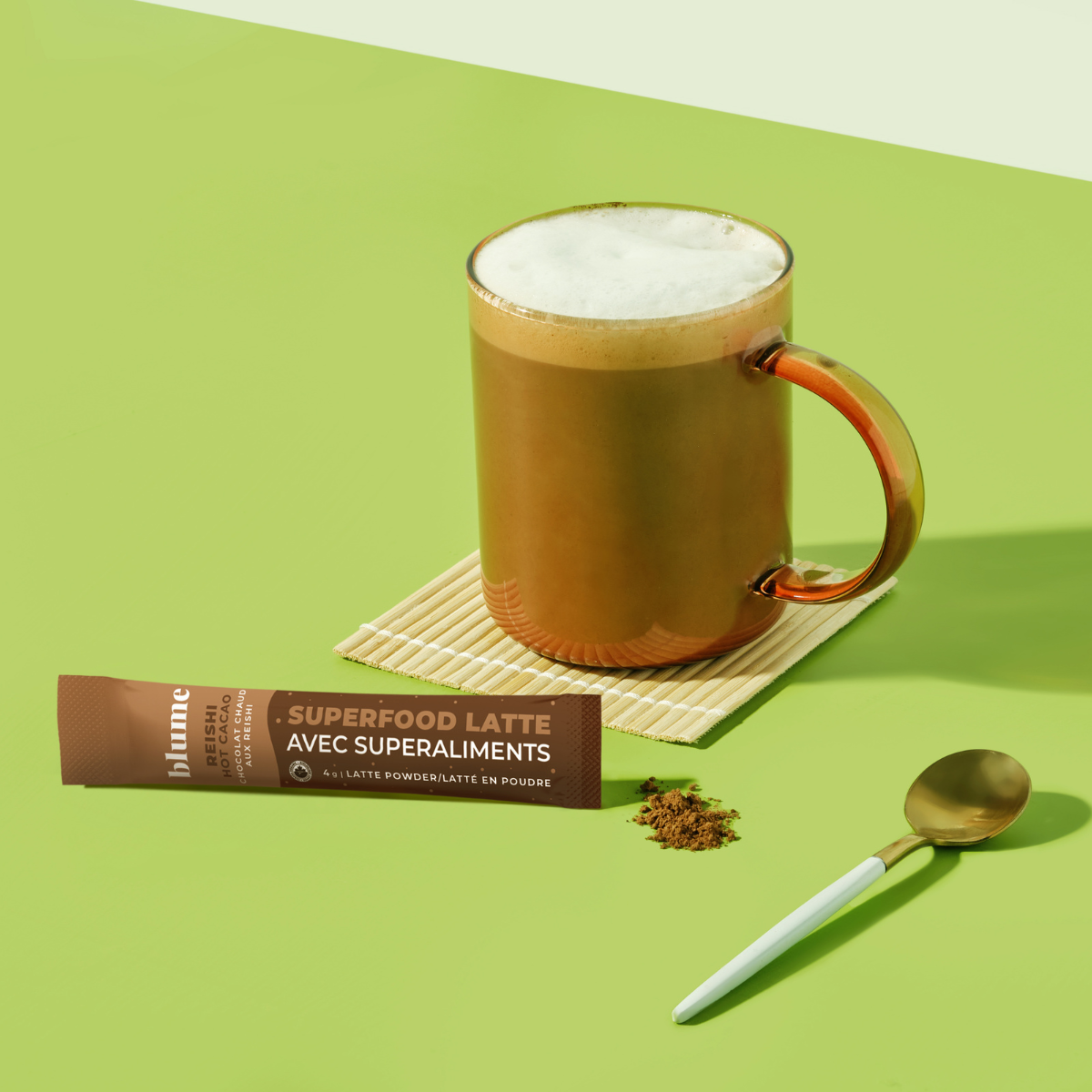 Blume Superfood Latte with a Single Serve packet of Reishi Hot Cacao Blend