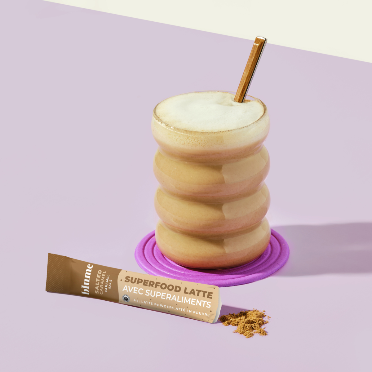 Blume Superfood Latte with a Single Serve packet of Salted Caramel Blend