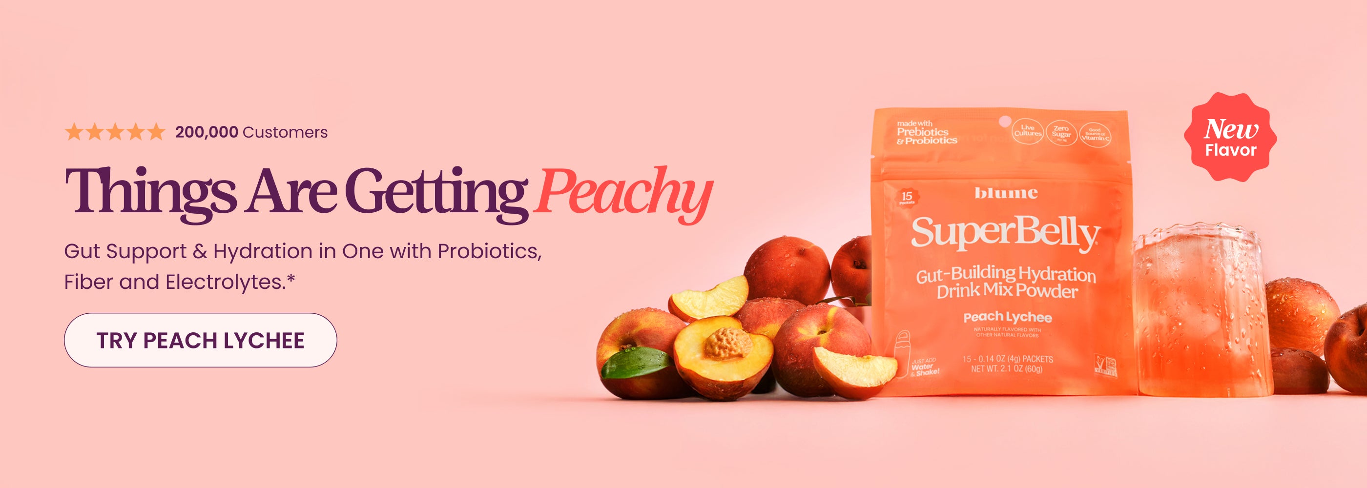 New SuperBelly Peach Lychee Gut-Building Hydration Drink Mix Powder with juicy peaches on a pink background