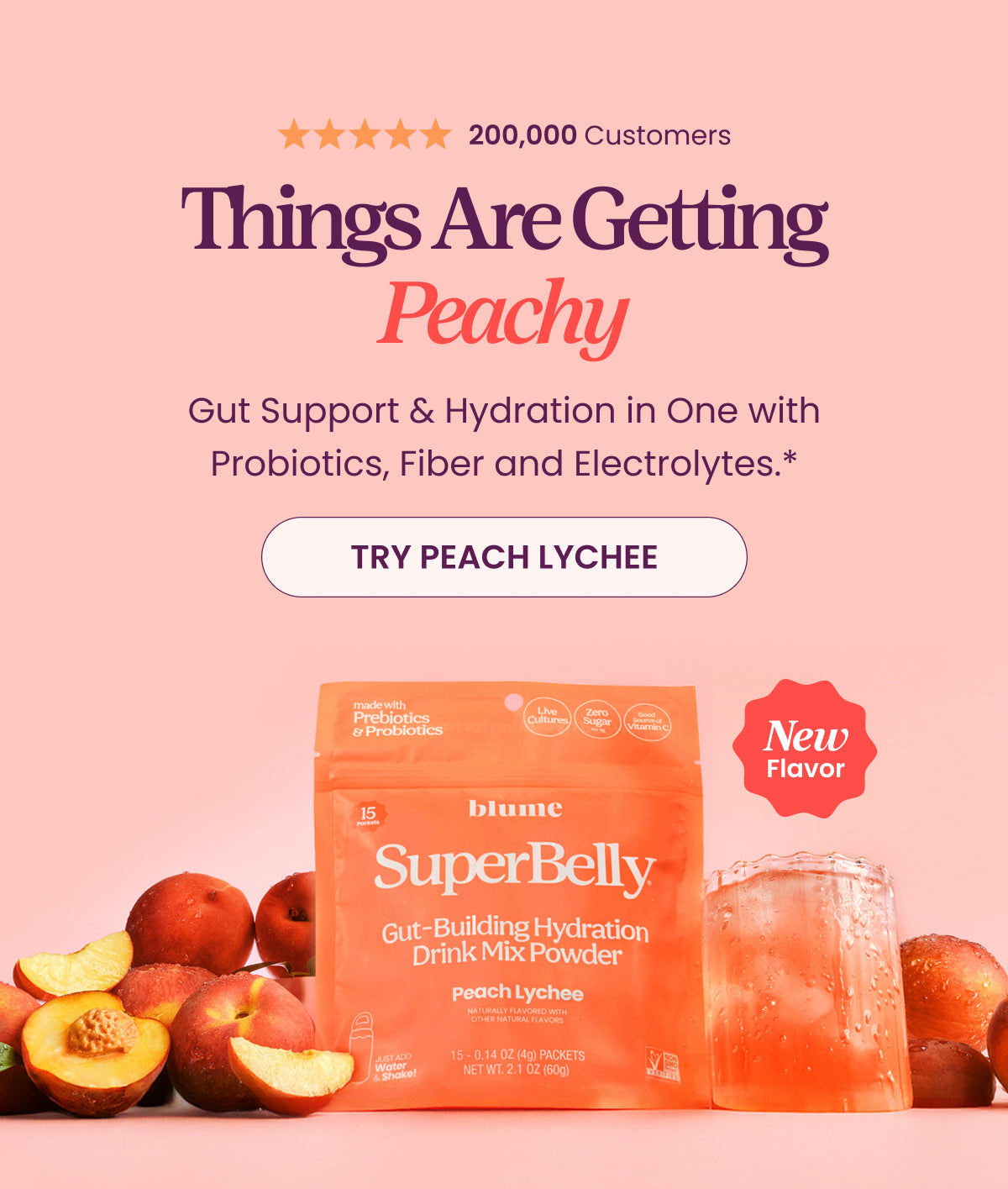 New SuperBelly Peach Lychee Gut-Building Hydration Drink Mix Powder with juicy peaches on a pink background