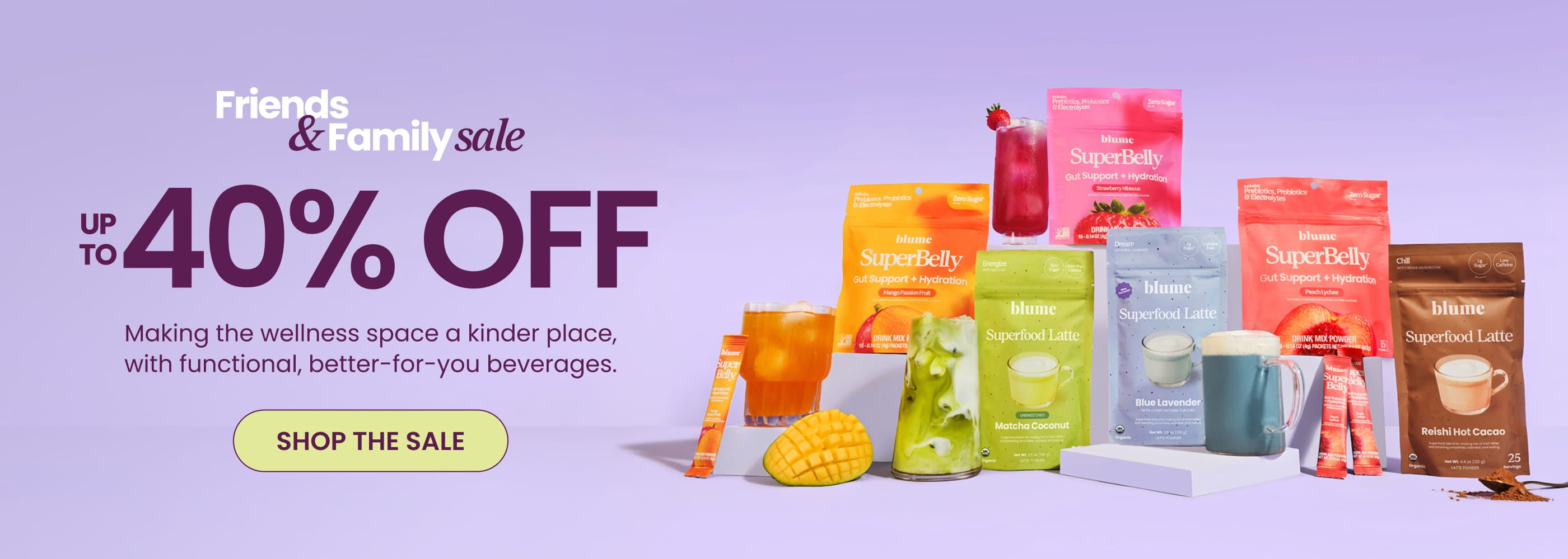 Friends and Family sale with beverages, offering up to 40% off wellness products by Blume.