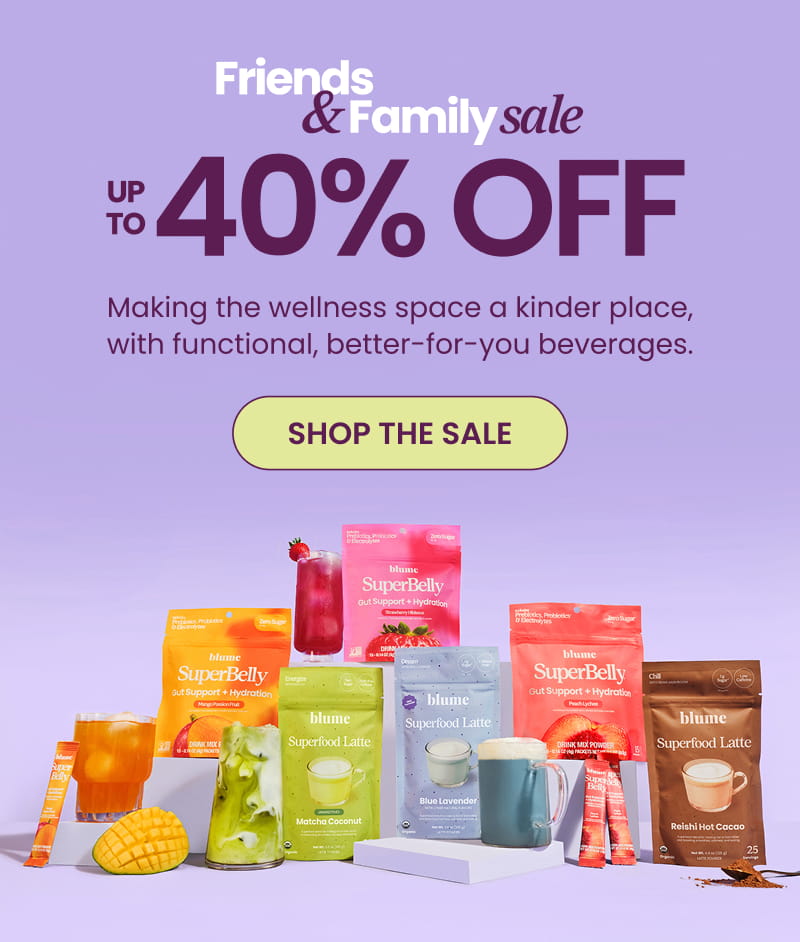 Friends and Family sale featuring functional wellness beverages, offering up to 40% off on Superfood Latte and more.