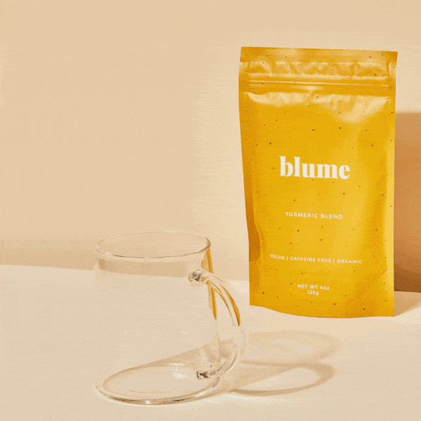 A gif of how to make a cup of turmeric latte with Blume Turmeric Blend