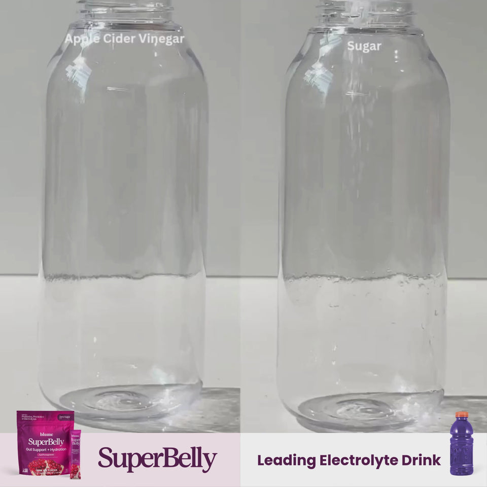 Comparison of SuperBelly Açai Pomegranate with apple cider vinegar and sugar for hydration and gut support.