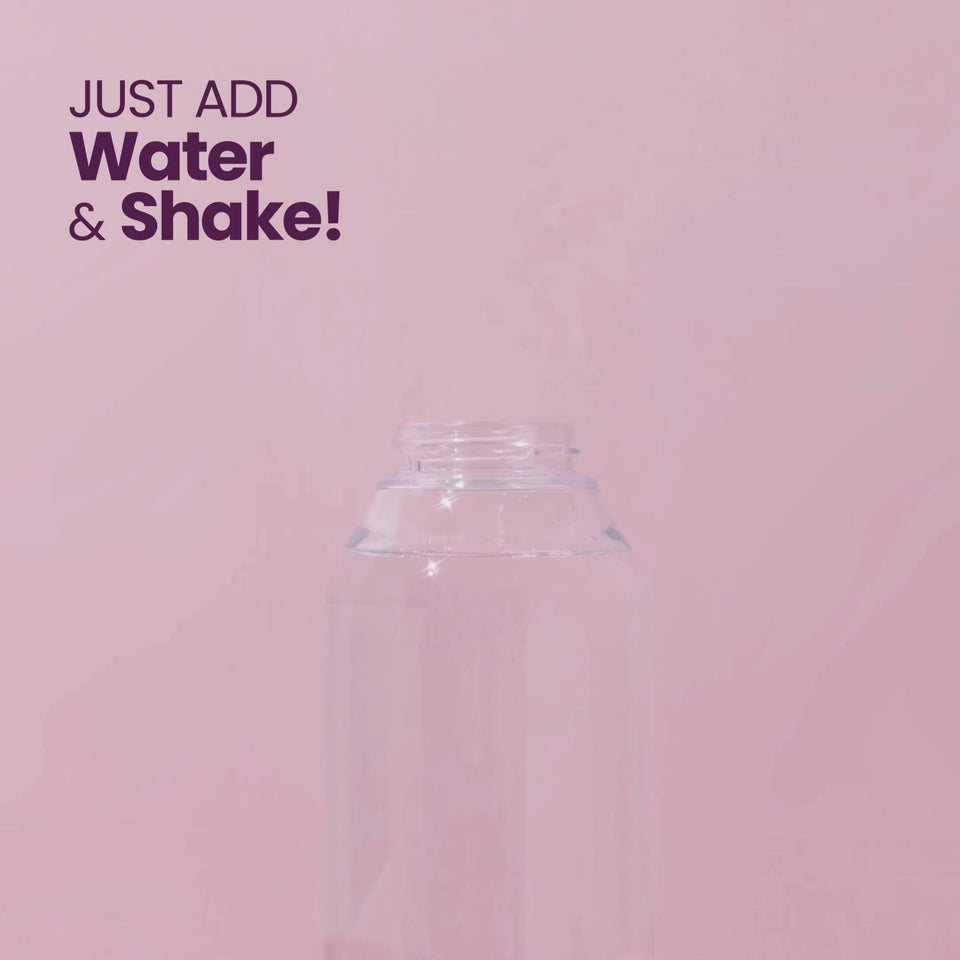 A video of how to make Blume SuperBelly Gut Building Hydration Powder Strawberry Hibiscus with a text overlay "Just Add Water & Shake!"