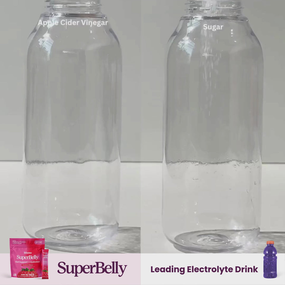 SuperBelly Strawberry Hibiscus comparison with Apple Cider Vinegar and Sugar in clear bottles for hydration and gut support.