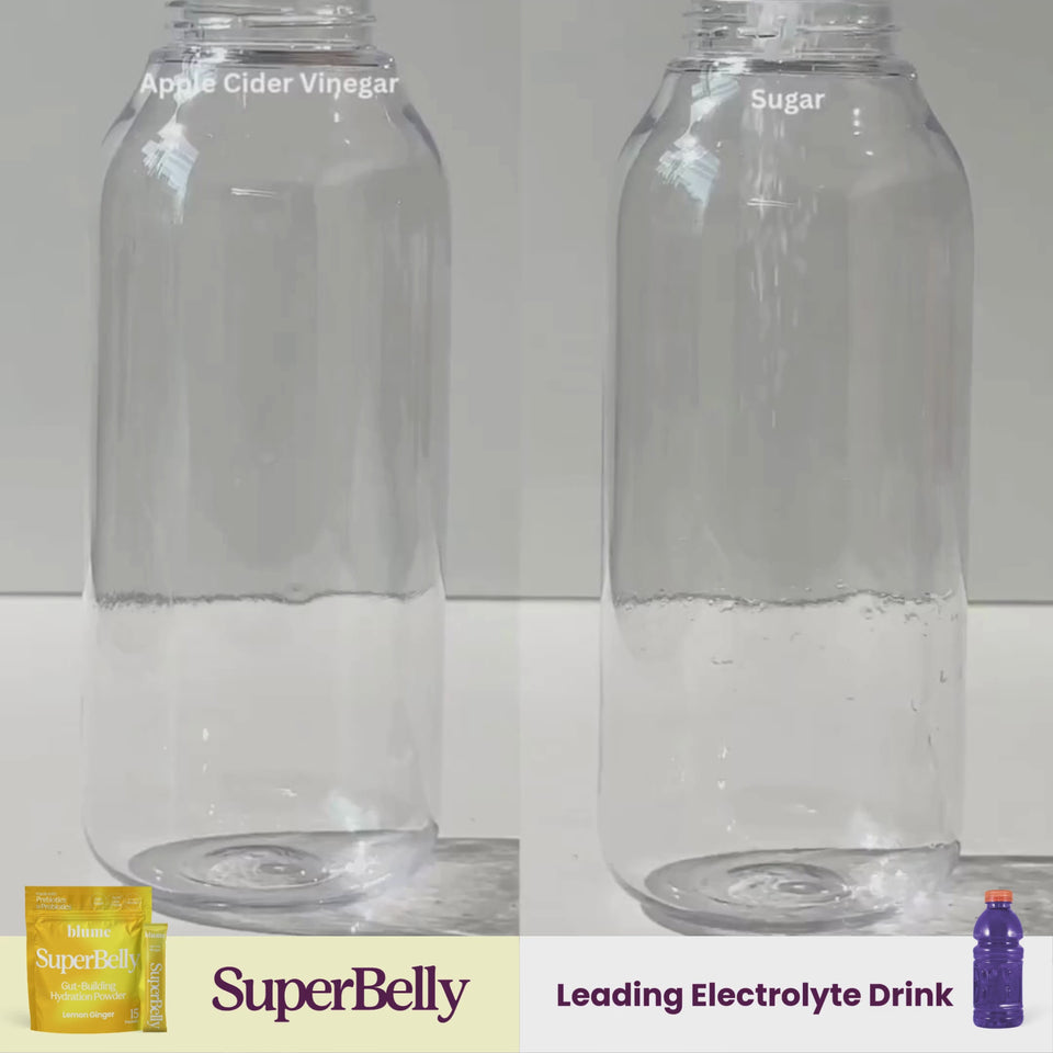 A comparison video of what the ingredients are in Blume SuperBelly Guy Building Hydration Powder and Leading Electrolyte Drink