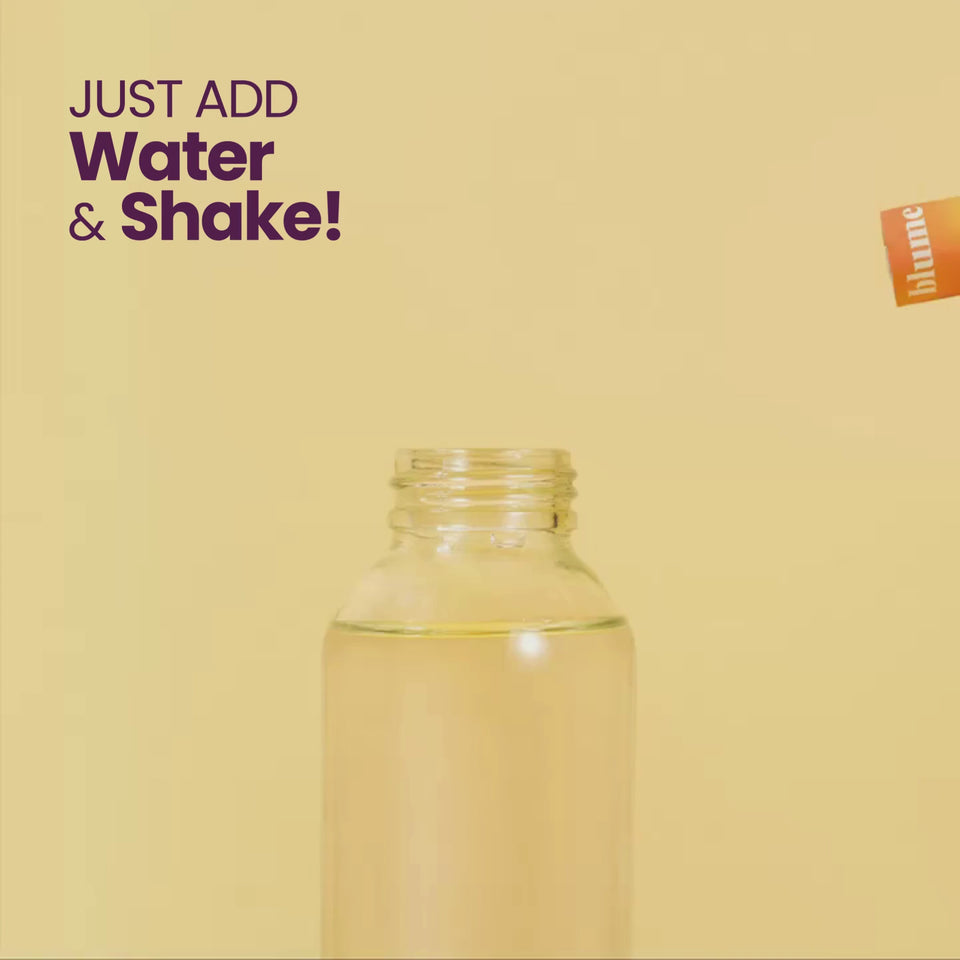 A video of how to make Blume SuperBelly Gut Building Hydration Powder Mango Passion Fruit with a text overlay "Just Add Water & Shake!"