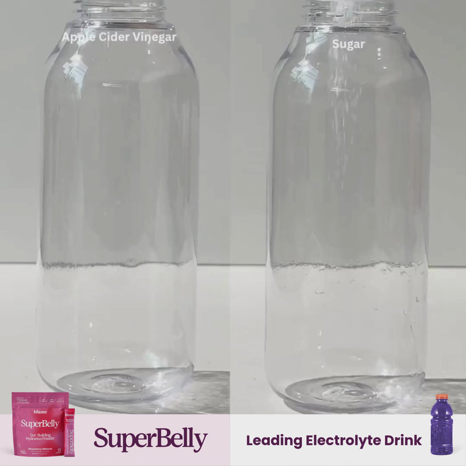 A comparison video of what the ingredients are in Blume SuperBelly Guy Building Hydration Powder and Leading Electrolyte Drink
