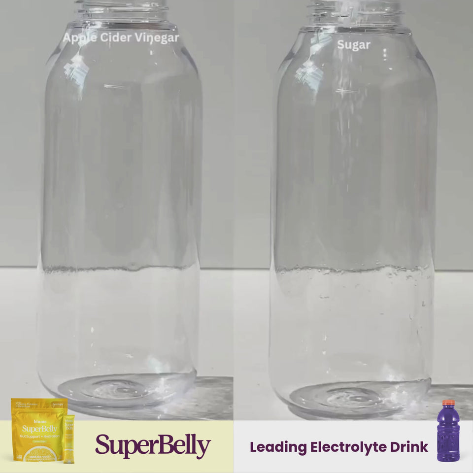 SuperBelly Lemon Ginger hydration comparison with apple cider vinegar and sugar in clear bottles.