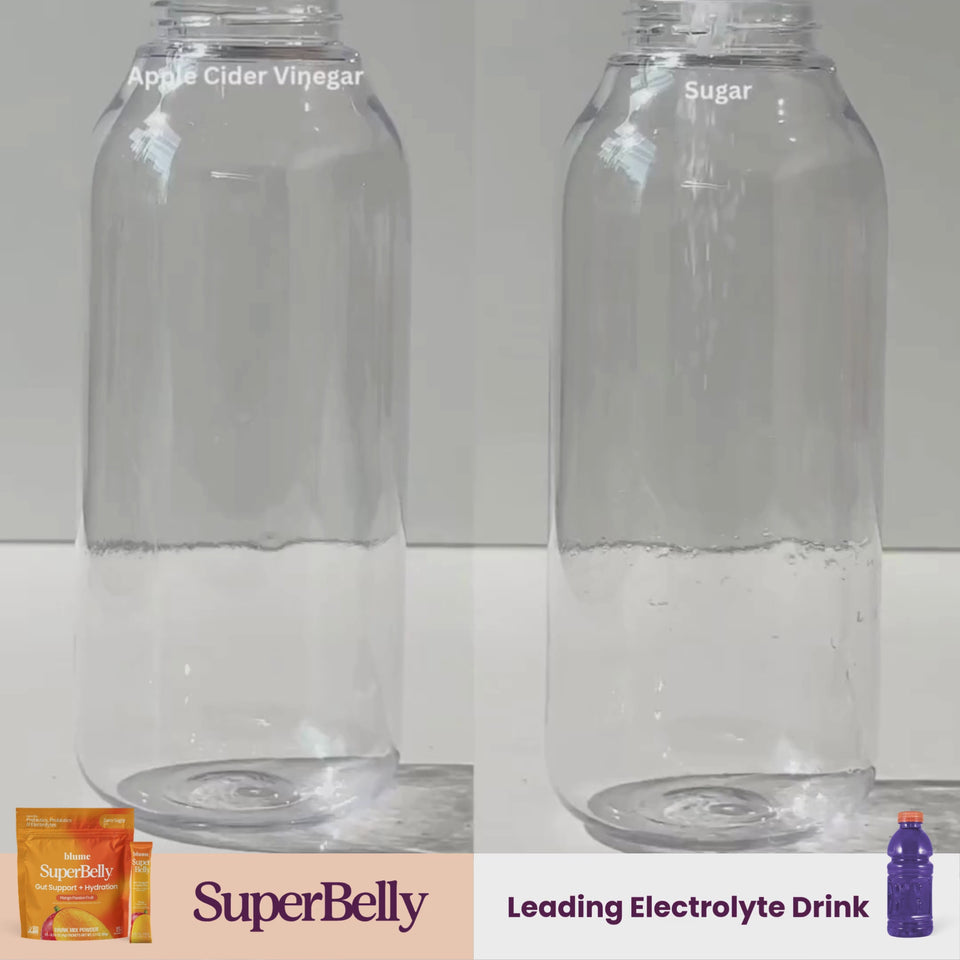 Comparison of SuperBelly Mango Passion Fruit with apple cider vinegar and a leading electrolyte drink with sugar.