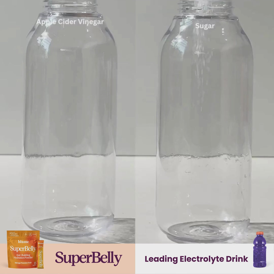 A comparison video of what the ingredients are in Blume SuperBelly Guy Building Hydration Powder and Leading Electrolyte Drink