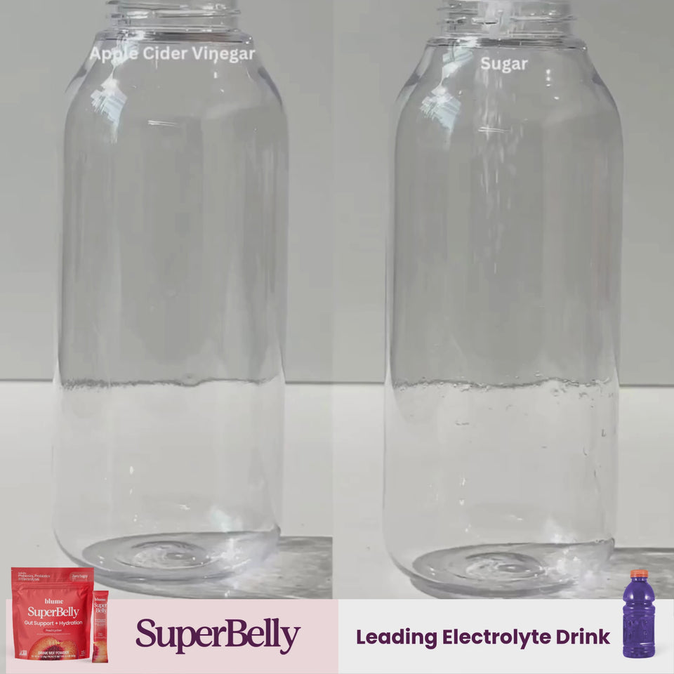 SuperBelly Peach Lychee gut health hydration comparison with apple cider vinegar and sugar in clear bottles.