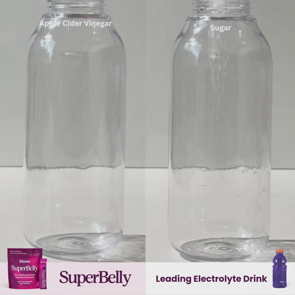 A comparison video of what the ingredients are in Blume SuperBelly Guy Building Hydration Powder and Leading Electrolyte Drink