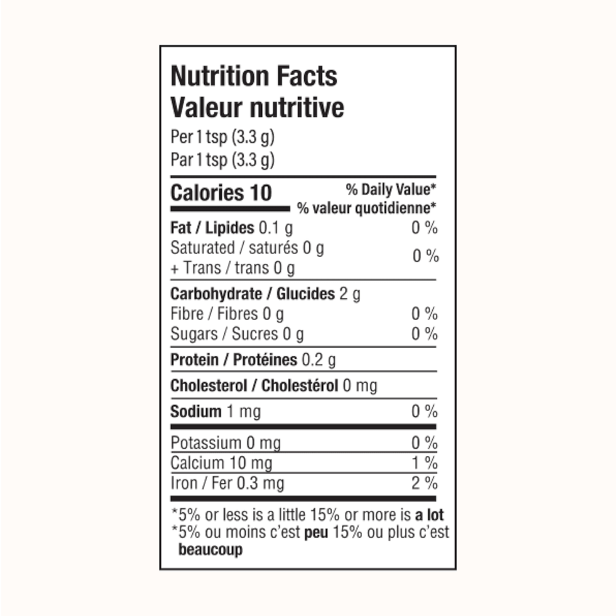 Image depicting the nutrition facts label for Blumes Oat Milk Chai Blend made from superfood spices. It specifies each 1 tsp (3.3 g) serving contains 10 calories, with minimal fats, cholesterol, carbohydrates, sugars, protein, 1 mg sodium, and 0.3 mg iron per serving.