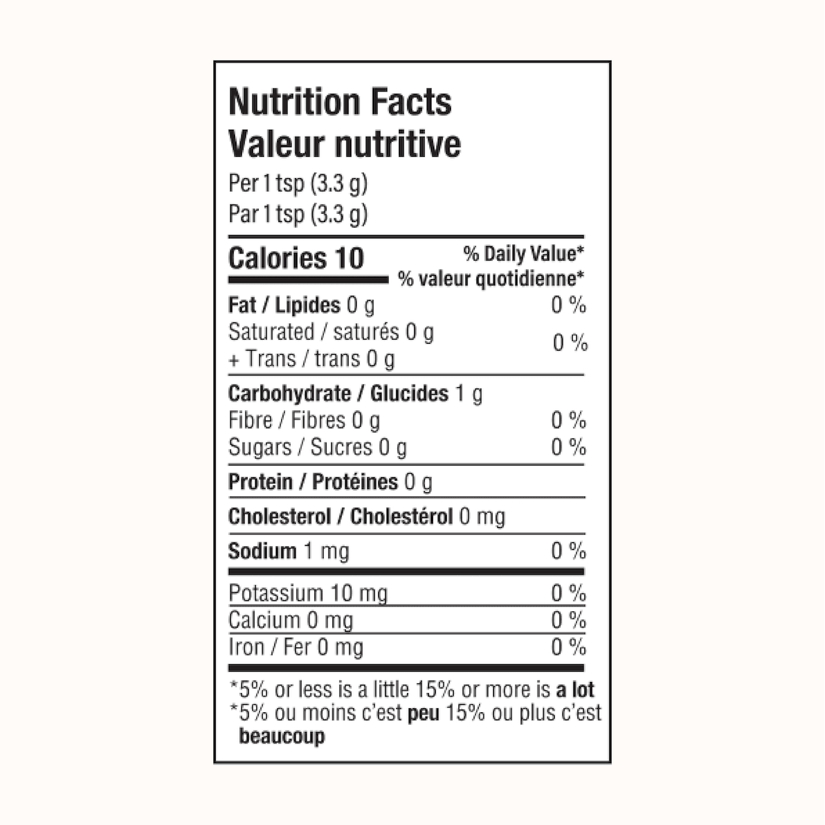 Nutrition facts label for Blumes Rose London Fog Blend (1 tsp/3.3 g): 10 calories, 0g fat, 0g carbs, 0g protein, with a touch of sophistication in 10mg potassium. Includes % daily values information.